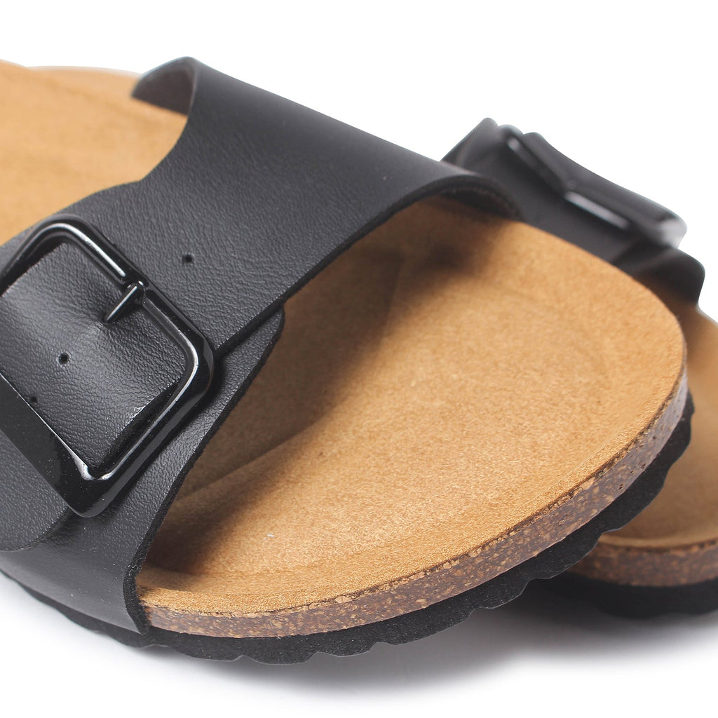 Cordoba Vegan Leather Slide Cork Sandal - Black - BIANKINA