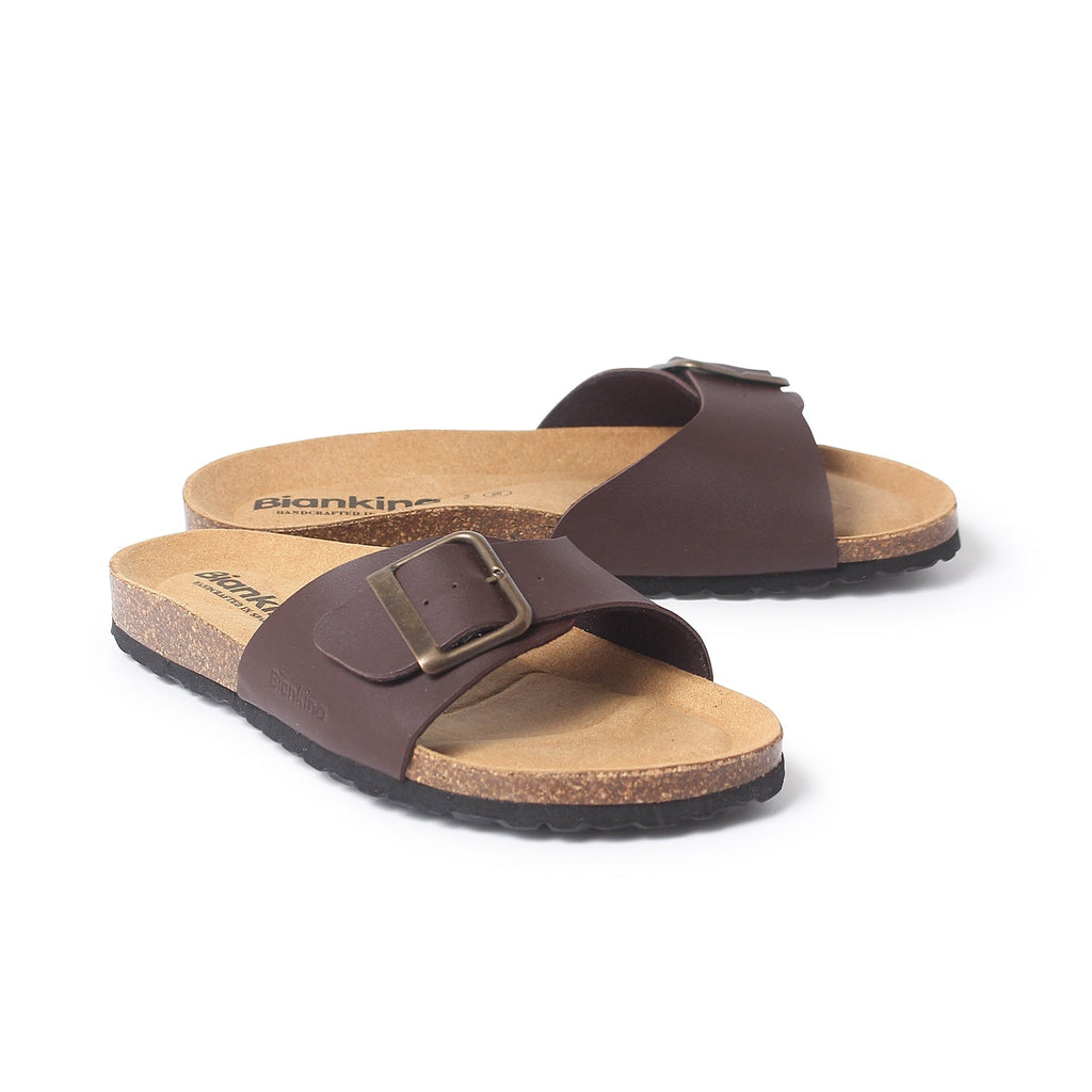 Cordoba Vegan Leather Slide Cork Sandal - Brown - BIANKINA