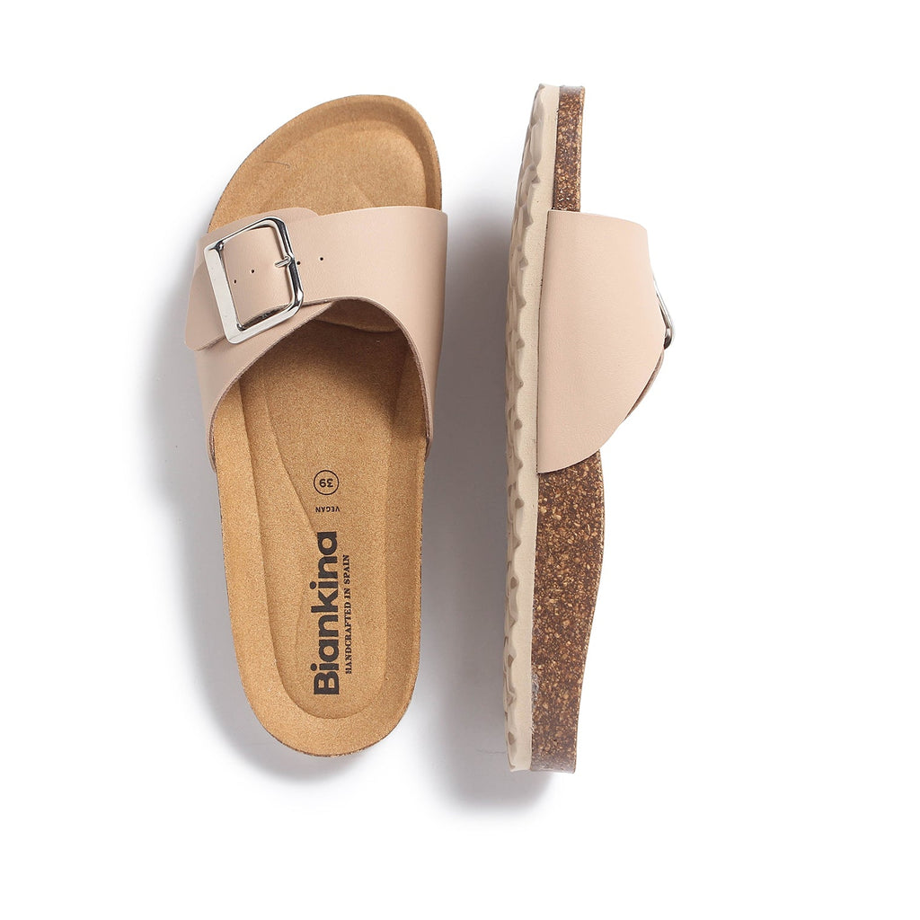 Cordoba Vegan Leather Slide Cork Sandal - Sand Brown - BIANKINA