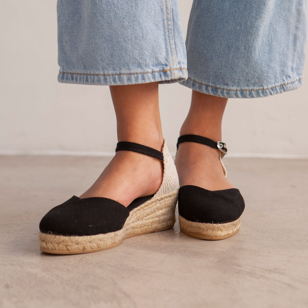 Girona Eco Canvas Vegan Espadrille Wedges - Black - BIANKINA