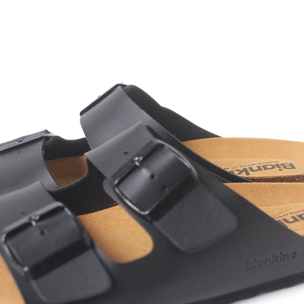 Marbella Vegan Leather Slip On Cork Sandal - Black - BIANKINA