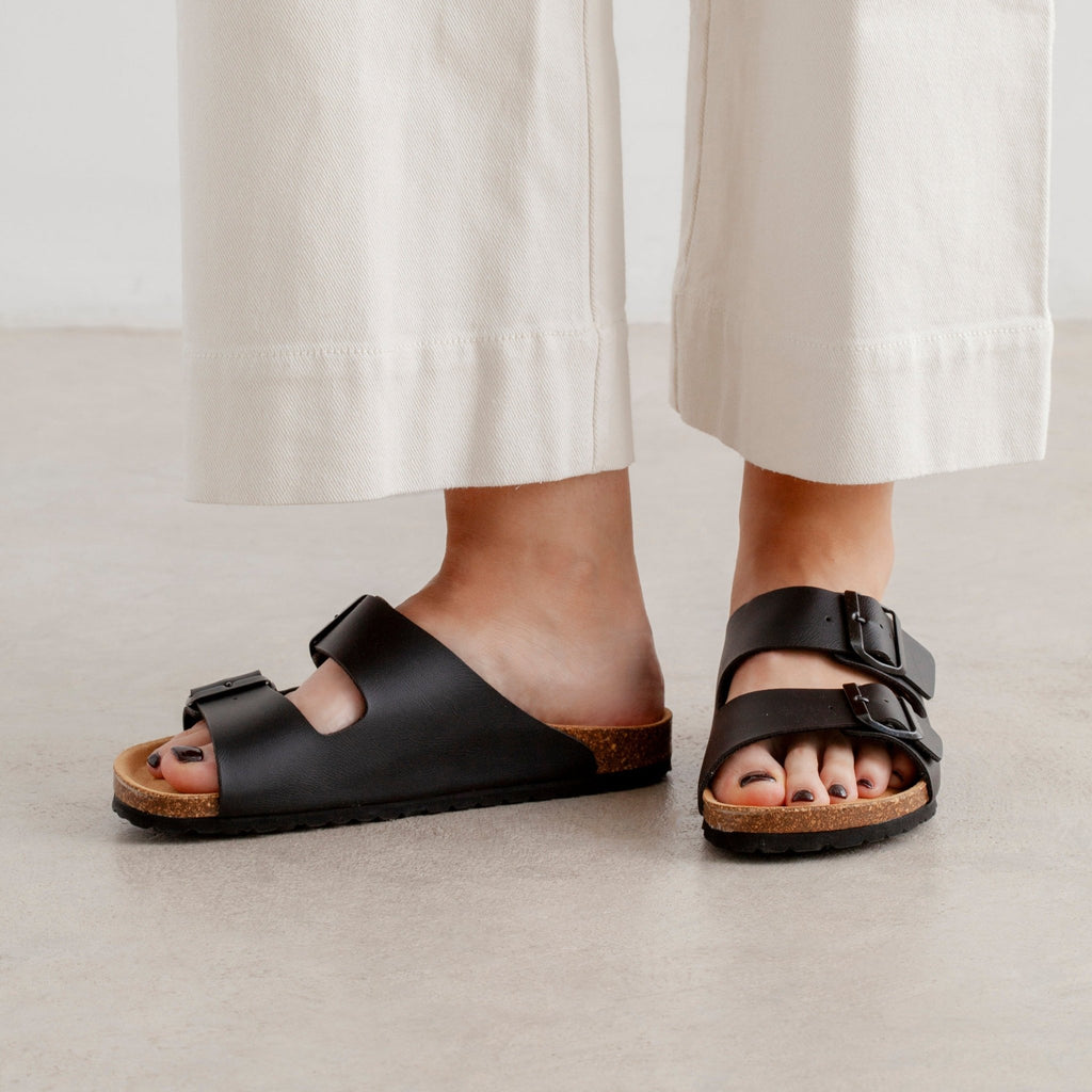 Marbella Vegan Leather Slip On Cork Sandal - Black - BIANKINA