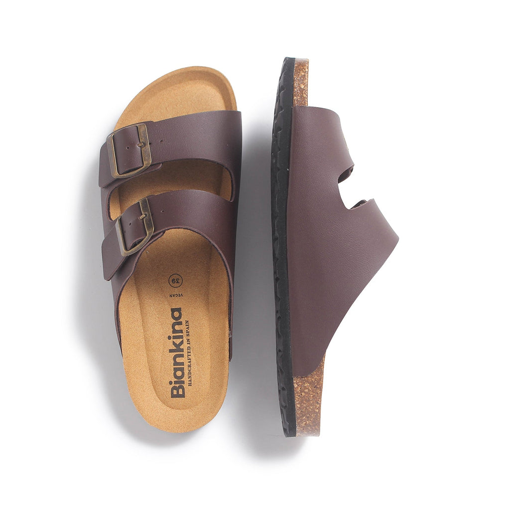 Marbella Vegan Leather Slip On Cork Sandal - Brown - BIANKINA
