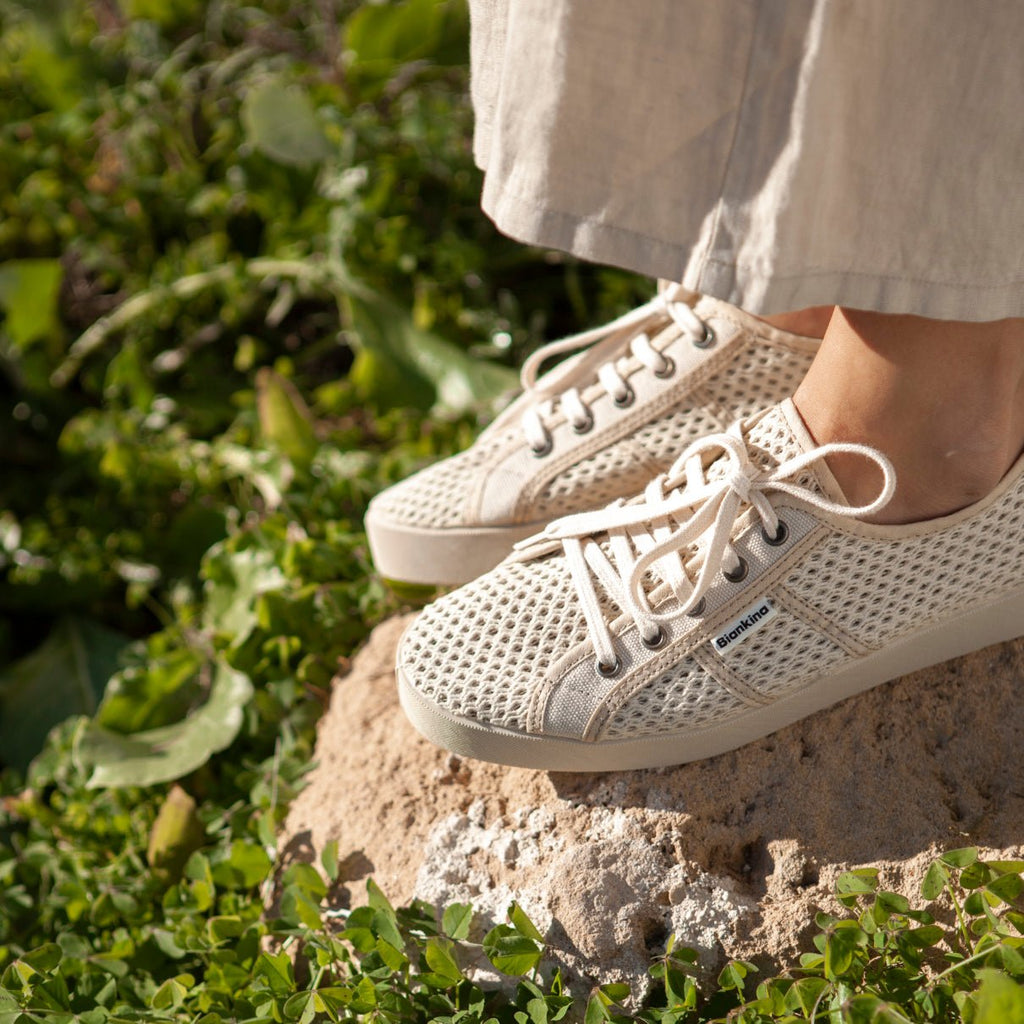 St. Tropez Breathable Cotton Mesh Sneakers - Beige Tan - BIANKINA
